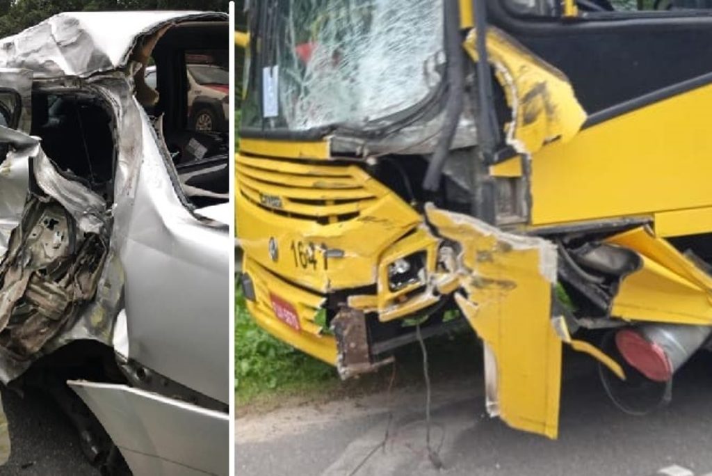 São Sebastião: Grave acidente entre ônibus e carro na “curva do Bora Bora”. Pessoas ficaram presas nas ferragens
