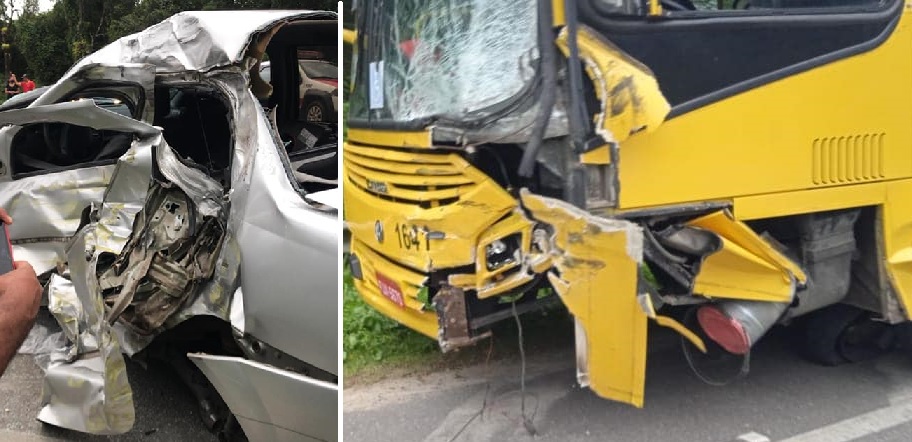 São Sebastião: Grave acidente entre ônibus e carro na “curva do Bora Bora”. Pessoas ficaram presas nas ferragens