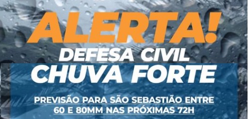 São Sebastião: Defesa Civil alerta para Chuva Forte até sábado