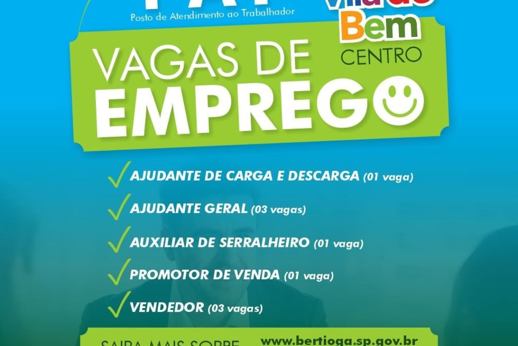 Bertioga: Nove novas vagas de emprego disponíveis no PAT, confira