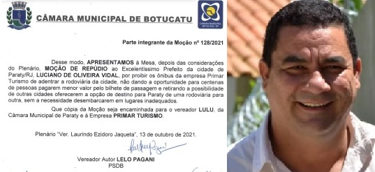 Prefeito de Paraty-RJ recebe Moção de Repúdio da Câmara de Botucatu-SP por proibir a empresa Primar de entrar com ônibus na Cidade