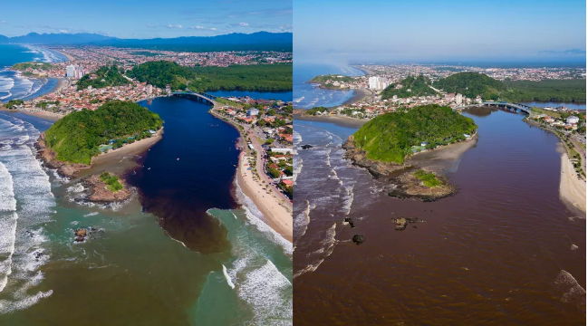 Mudança de cor em encontro de rio com mar surpreende moradores no litoral de SP; veja antes e depois