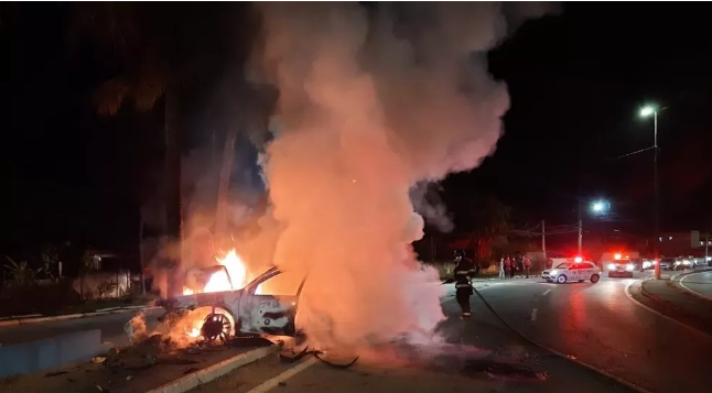 Carro pega fogo após bater em coqueiro em São Sebastião