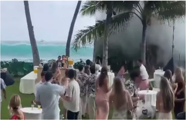 Convidados são surpreendidos por onda gigante durante festa de casamento no Havaí; veja vídeo