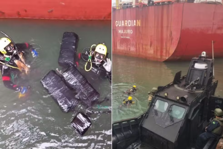 Polícia Federal e Marinha apreendem mais de 100 kg de droga escondida em casco de navio no Porto de Santos